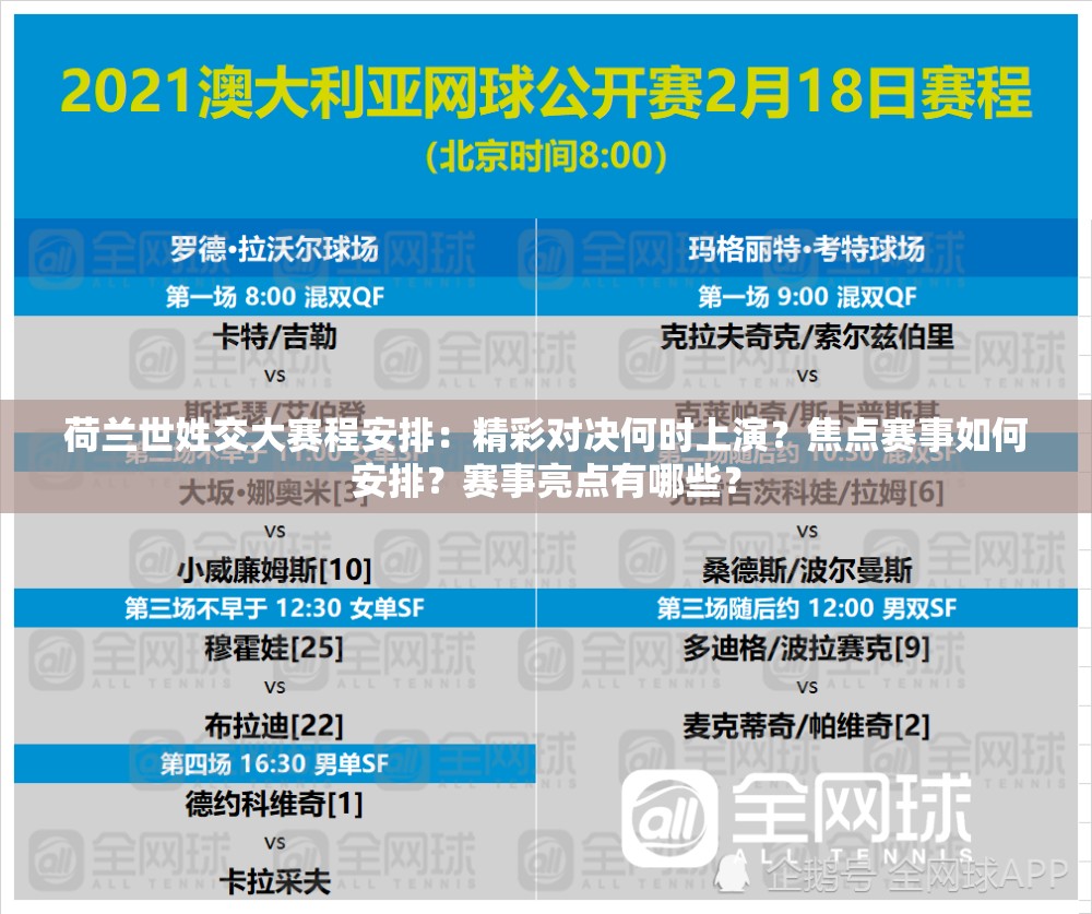 荷兰世姓交大赛程安排：精彩对决何时上演？焦点赛事如何安排？赛事亮点有哪些？